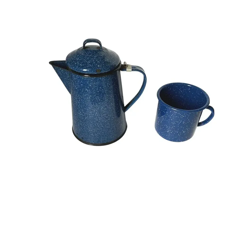 Vintage Blue Speckled Enamel Coffee Pot and Cup (Lid Clasp Attachment Missing)